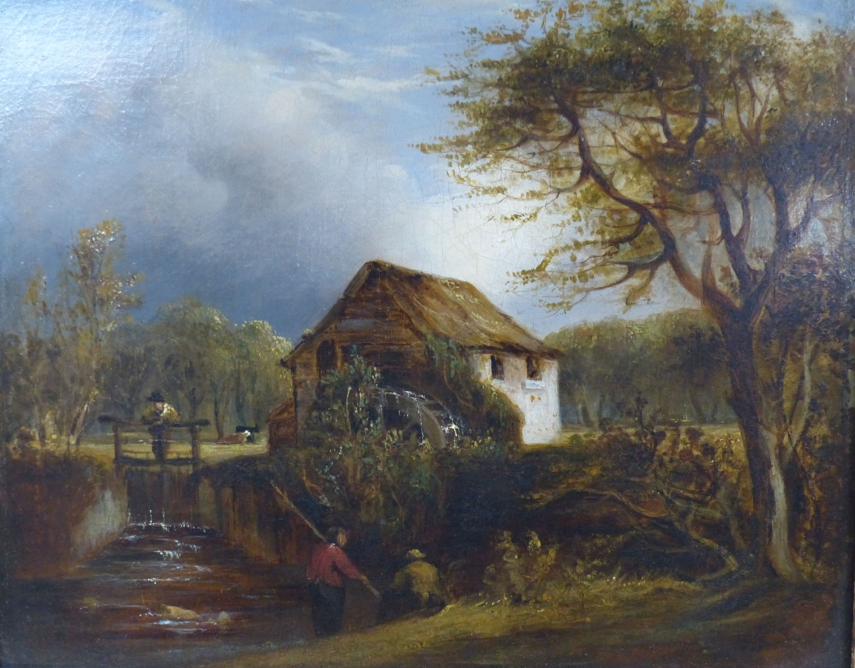 Attributed to Thomas Creswick R.A. (1811-1869), oil on canvas, Figures beside a watermill, 29 x 37cm